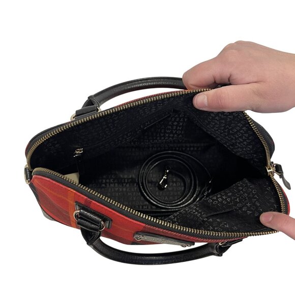NWOT Kate Spade Plaid Dome Satchel Handbag - Red & Black Wool With Leather Trim - Picture 4 of 5